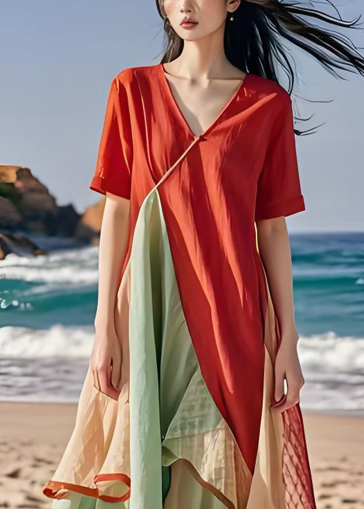 Classy V Neck Asymmetrical Design Patchwork Cotton Dresses Summer