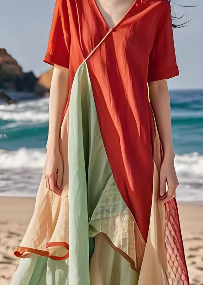 Classy V Neck Asymmetrical Design Patchwork Cotton Dresses Summer