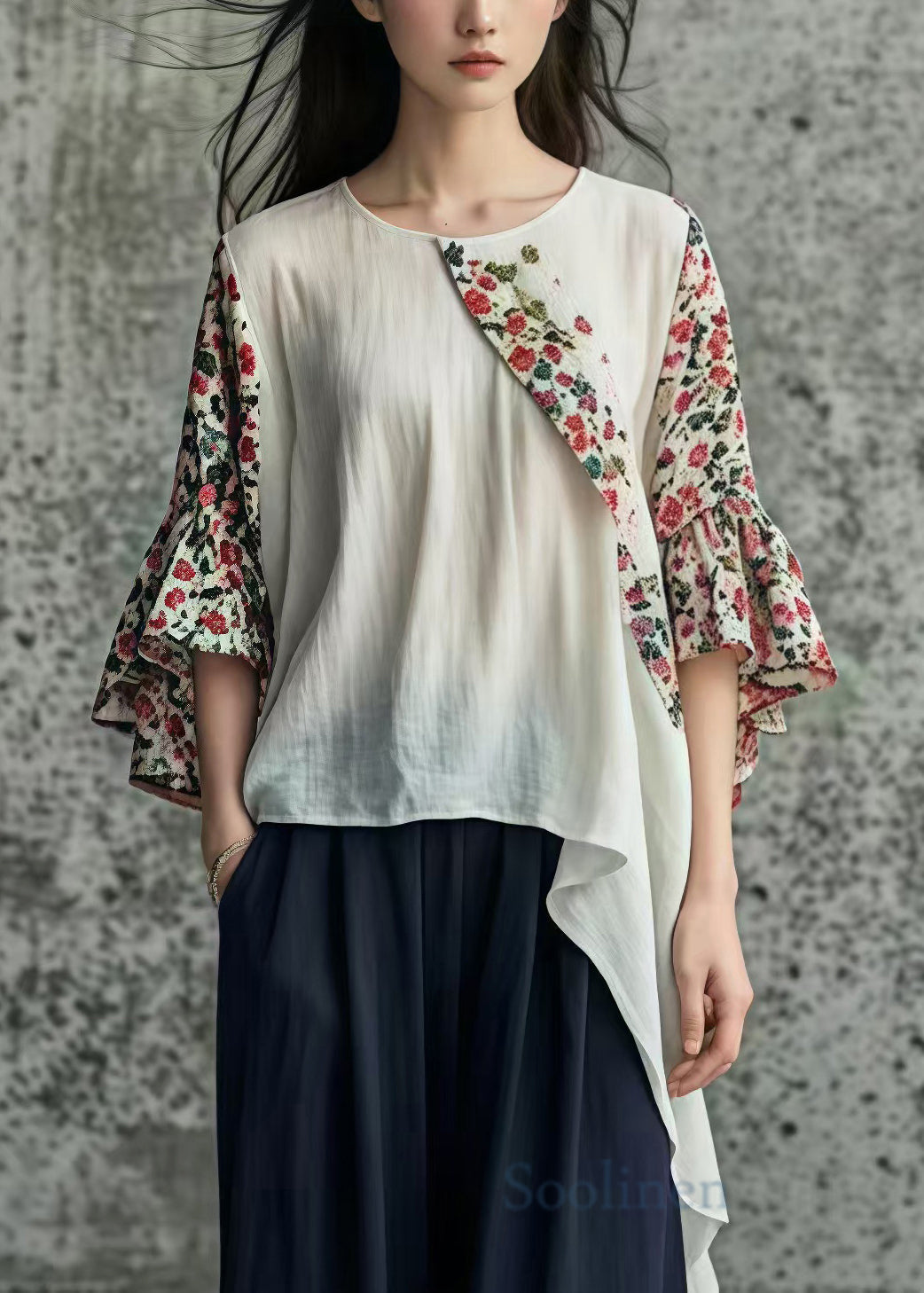 Classy White Asymmetrical Patchwork Cotton Top Flare Sleeve