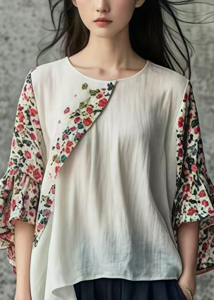 Classy White Asymmetrical Patchwork Cotton Top Flare Sleeve