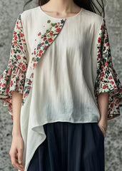 Classy White Asymmetrical Patchwork Cotton Top Flare Sleeve