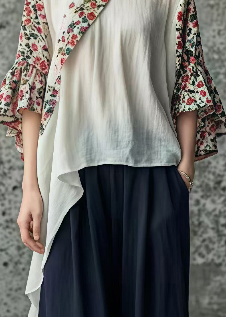 Classy White Asymmetrical Patchwork Cotton Top Flare Sleeve