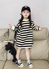 Cute Black White Striped O-Neck Kids Maxi Dresses Long Sleeve