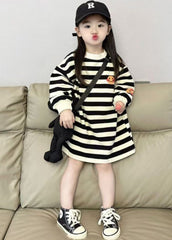 Cute Black White Striped O-Neck Kids Maxi Dresses Long Sleeve