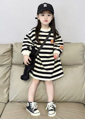 Cute Black White Striped O-Neck Kids Maxi Dresses Long Sleeve