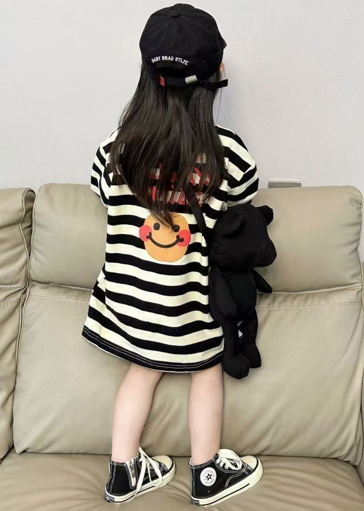 Cute Black White Striped O-Neck Kids Maxi Dresses Long Sleeve