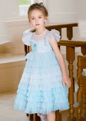 Cute Blue O-Neck Sequins Tulle Kids Maxi Cake Dress Sleeveless