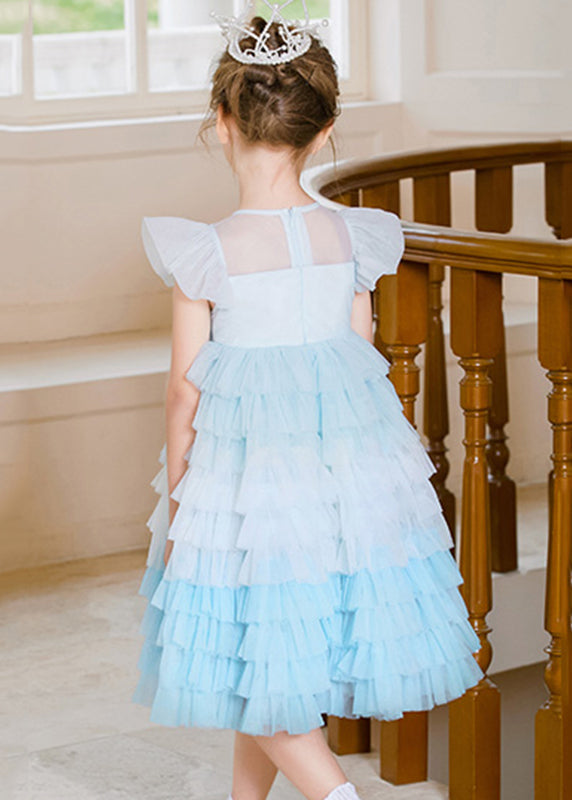 Cute Blue O-Neck Sequins Tulle Kids Maxi Cake Dress Sleeveless