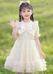 Cute Champagne Stand Collar Ruffled Patchwork Tulle Girls Maxi Dress Short Sleeve