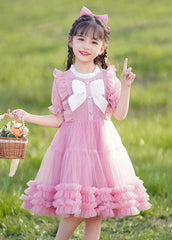 Cute Champagne Stand Collar Ruffled Patchwork Tulle Girls Maxi Dress Short Sleeve