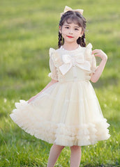 Cute Champagne Stand Collar Ruffled Patchwork Tulle Girls Maxi Dress Short Sleeve