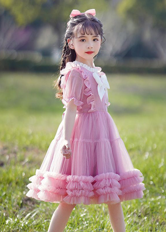 Cute Champagne Stand Collar Ruffled Patchwork Tulle Girls Maxi Dress Short Sleeve