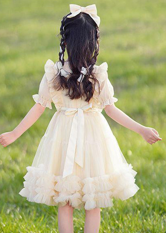 Cute Champagne Stand Collar Ruffled Patchwork Tulle Girls Maxi Dress Short Sleeve