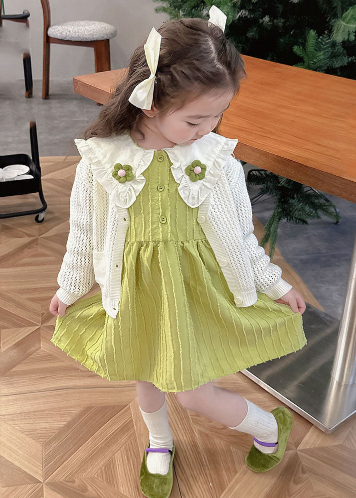 Cute Green Girls Knit Cardigans And Mid Dress Two Pieces Set Fall