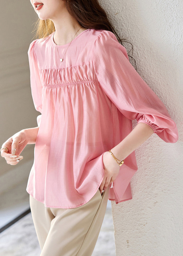 Cute Pink O-Neck Patchwork Silk Top Fall