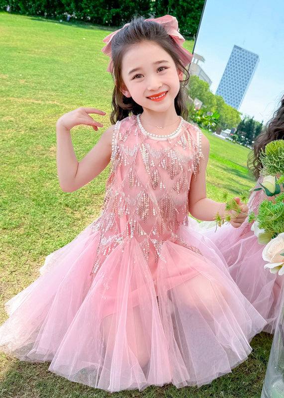 Cute Pink O-Neck Sequins Tassel Tulle Girls Long Dresses Sleeveless