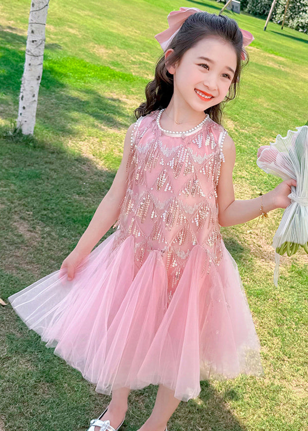 Cute Pink O-Neck Sequins Tassel Tulle Girls Long Dresses Sleeveless