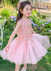 Cute Pink O-Neck Sequins Tassel Tulle Girls Long Dresses Sleeveless