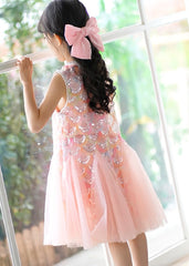 Cute Pink O-Neck Sequins Tulle Girls Long Dress Summer