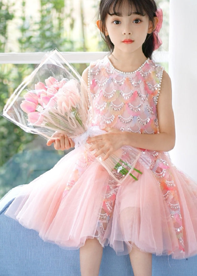 Cute Pink O-Neck Sequins Tulle Girls Long Dress Summer