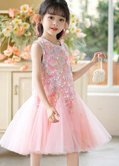 Cute Pink O-Neck Sequins Tulle Girls Long Dress Summer