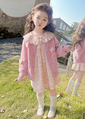 Cute Pink Print Girls Knit Cardigans And Mid Dress Two Piece Set Outfits Fall