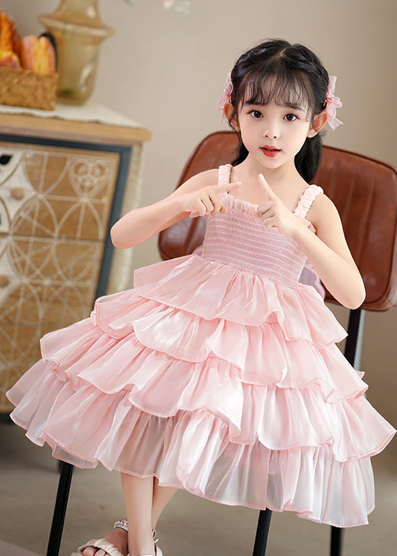 Cute Pink Square Collar Wrinkled Tulle Kids Maxi Spaghetti Strap Dress Sleeveless