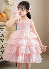 Cute Pink Square Collar Wrinkled Tulle Kids Maxi Spaghetti Strap Dress Sleeveless