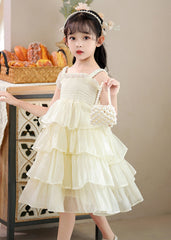 Cute Pink Square Collar Wrinkled Tulle Kids Maxi Spaghetti Strap Dress Sleeveless