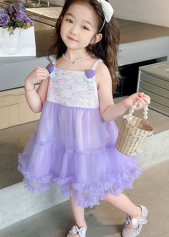 Cute Purple Slash Neck Patchwork Tulle Kids Maxi Spaghetti Strap Dresses Sleeveless