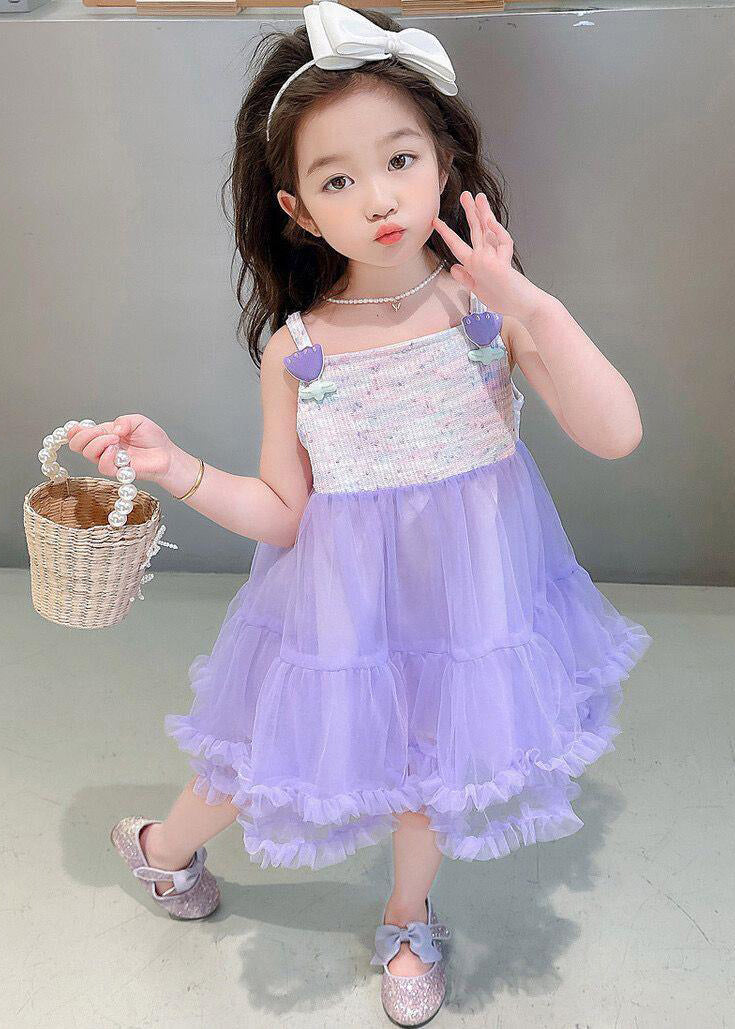 Cute Purple Slash Neck Patchwork Tulle Kids Maxi Spaghetti Strap Dresses Sleeveless