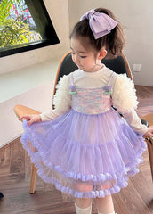 Cute Purple Slash Neck Patchwork Tulle Kids Maxi Spaghetti Strap Dresses Sleeveless