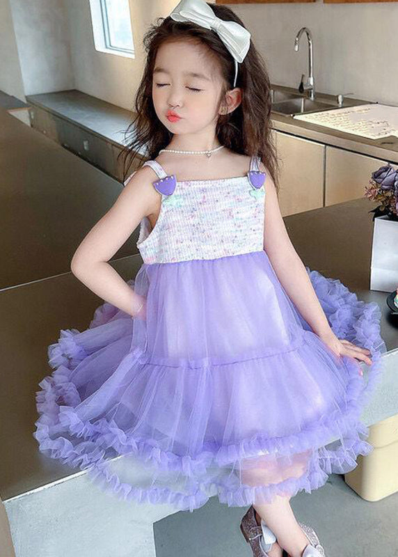 Cute Purple Slash Neck Patchwork Tulle Kids Maxi Spaghetti Strap Dresses Sleeveless