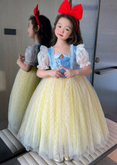 Cute Yellow Square Collar Print Tulle Girls Maxi Holiday Dress Short Sleeve