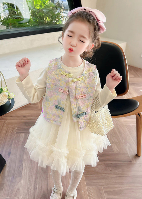 DIY Apricot O-Neck Girls Waistcoat And Tulle Long Dress Two Pieces Set Long Sleeve