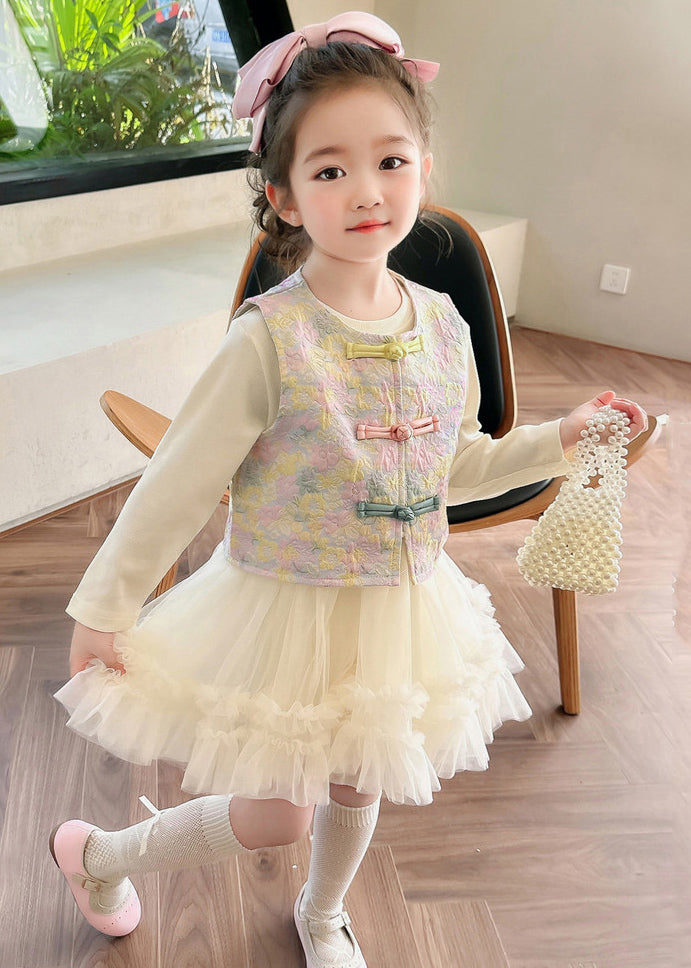 DIY Apricot O-Neck Girls Waistcoat And Tulle Long Dress Two Pieces Set Long Sleeve