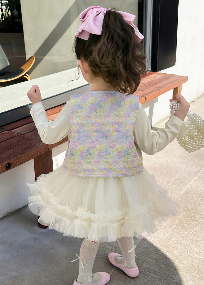 DIY Apricot O-Neck Girls Waistcoat And Tulle Long Dress Two Pieces Set Long Sleeve