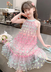 DIY Colorblock Butterfly Embroideried Tulle Girls Long Dresses Summer