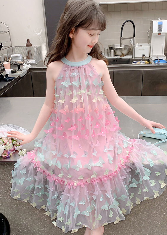 DIY Colorblock Butterfly Embroideried Tulle Girls Long Dresses Summer