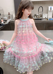 DIY Colorblock Butterfly Embroideried Tulle Girls Long Dresses Summer