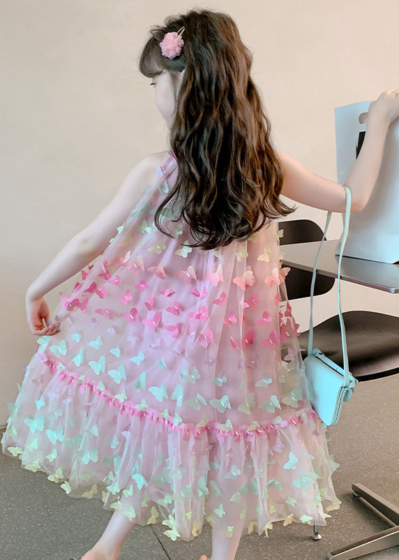 DIY Colorblock Butterfly Embroideried Tulle Girls Long Dresses Summer