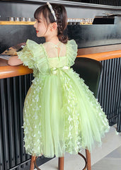 DIY Light Green O-Neck Butterfly Embroideried Tulle Girls Maxi Dress Summer