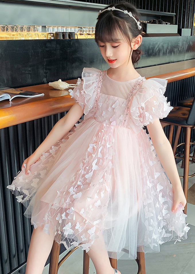 DIY Light Green O-Neck Butterfly Embroideried Tulle Girls Maxi Dress Summer