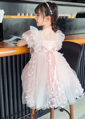 DIY Light Green O-Neck Butterfly Embroideried Tulle Girls Maxi Dress Summer