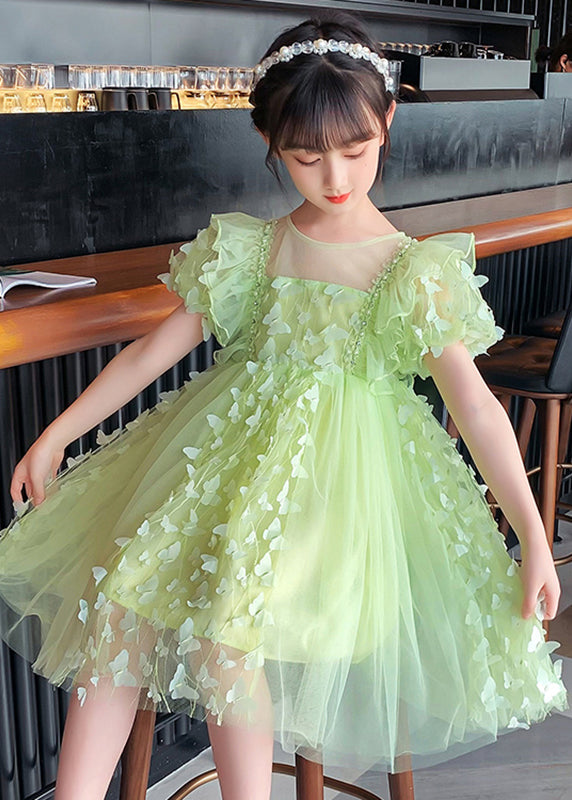 DIY Light Green O-Neck Butterfly Embroideried Tulle Girls Maxi Dress Summer