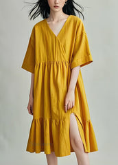 DIY Yellow V Neck Wrinkled Side Open Cotton Mid Dresses Summer