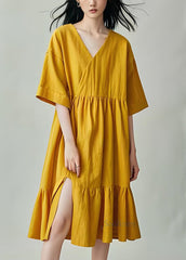 DIY Yellow V Neck Wrinkled Side Open Cotton Mid Dresses Summer