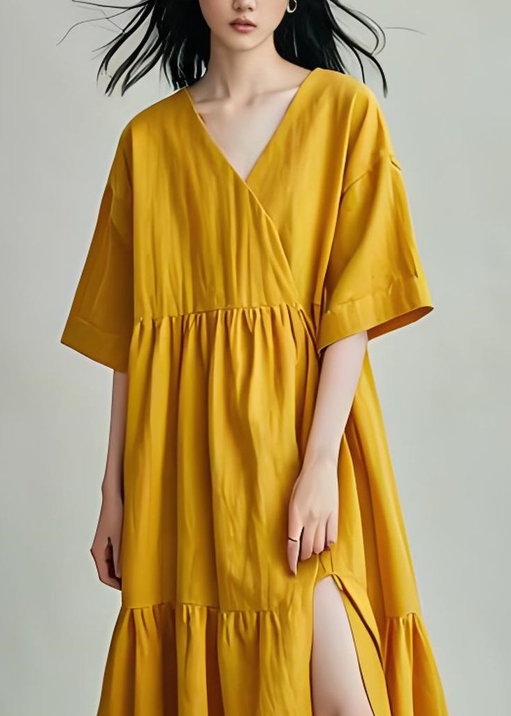 DIY Yellow V Neck Wrinkled Side Open Cotton Mid Dresses Summer