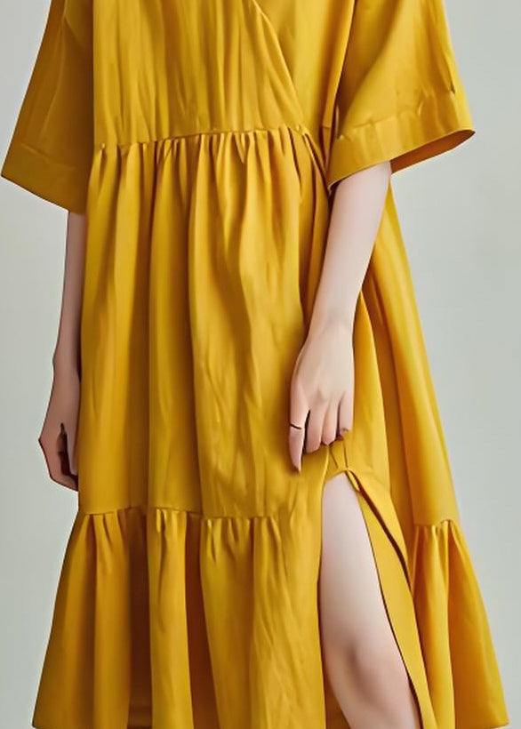 DIY Yellow V Neck Wrinkled Side Open Cotton Mid Dresses Summer