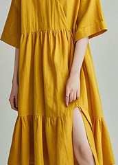 DIY Yellow V Neck Wrinkled Side Open Cotton Mid Dresses Summer